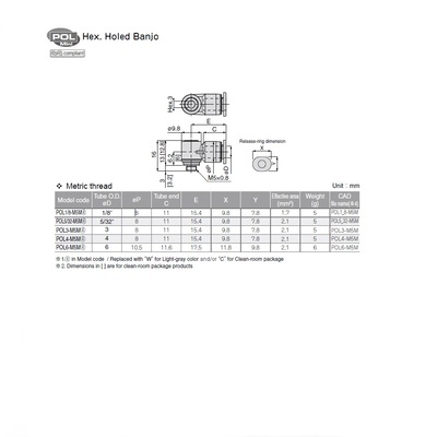 POL6-M5M PISCO MINI PLASTIC PUSH-IN FITTING<BR>6MM TUBE X M5 MALE UNIVERSAL ELBOW (INNER HEX)