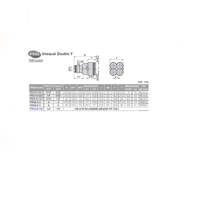 PRG5/16-1/4 PISCO PLASTIC PUSH-IN FITTING<BR>5/16" TUBE X 1/4" TUBE(4) DBL UNION "Y"