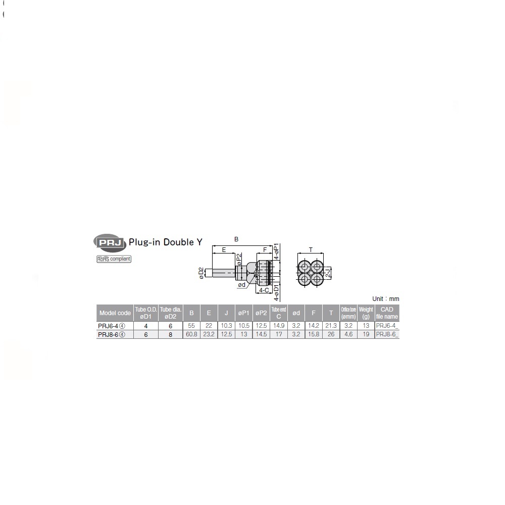 PRJ8-6 PISCO PLASTIC PUSH-IN FITTING<BR>6MM PLUG-IN X 6MM TUBE X 8MM TUBE(4) DBL "Y"