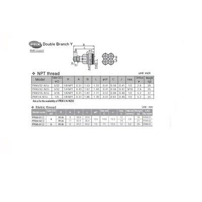 PRX4-02 PISCO PLASTIC PUSH-IN FITTING<BR>1/4" BSPT X 4MM TUBE MALE DBL BRANCH "Y"