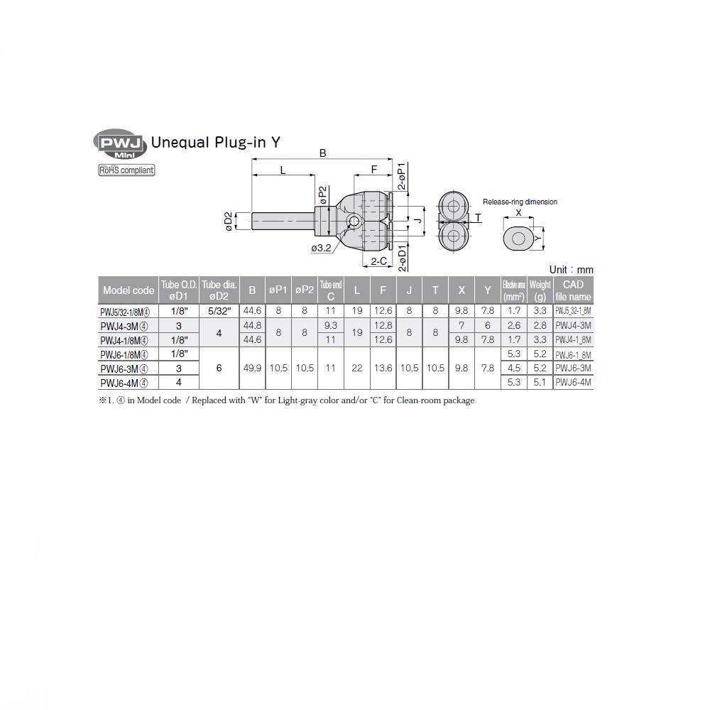 PWJ4-3M PISCO MINI PLASTIC PUSH-IN FITTING<BR>4MM PLUG-IN X 3MM TUBE "Y"
