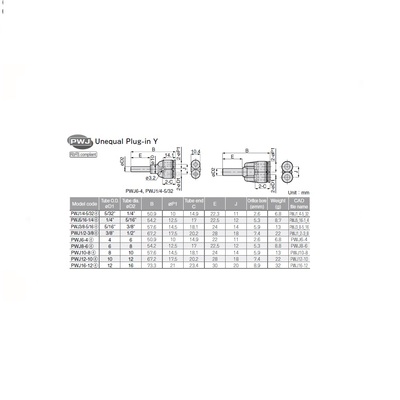 PWJ12-10 PISCO PLASTIC PUSH-IN FITTING<BR>12MM PLUG-IN X 10MM TUBE "Y"