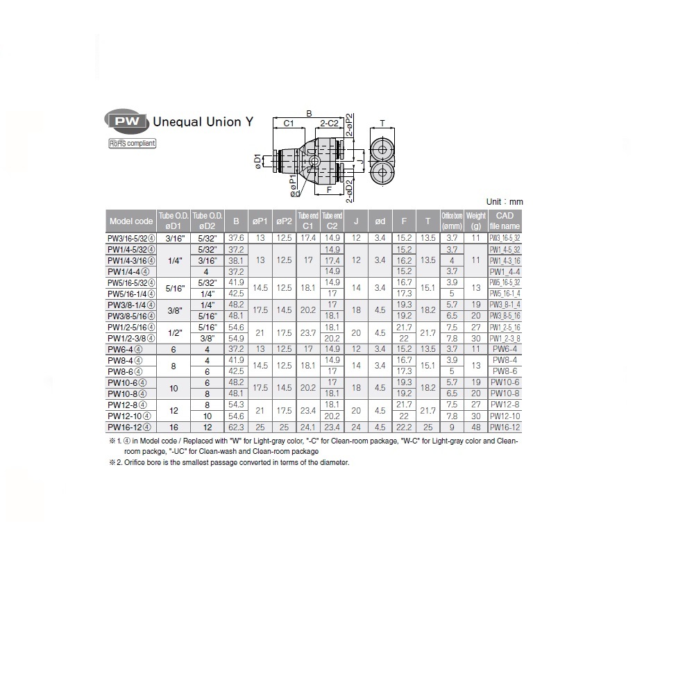 PW5/16-1/4 PISCO PLASTIC PUSH-IN FITTING<BR>5/16" TUBE X 1/4" TUBE(2) UNION "Y"