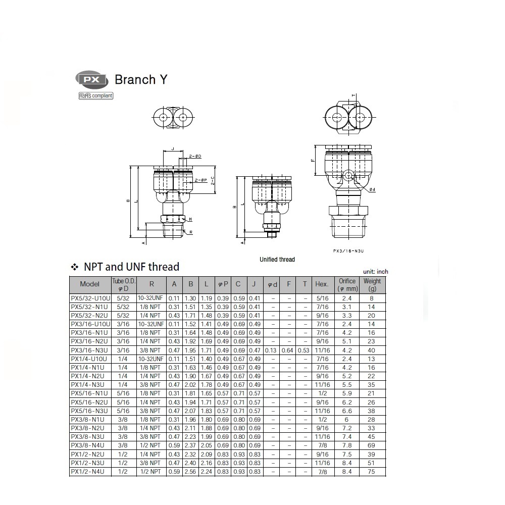 PX1/4-N1U PISCO PLASTIC PUSH-IN FITTING<BR>1/4" TUBE X 1/8" NPT MALE BRANCH "Y"