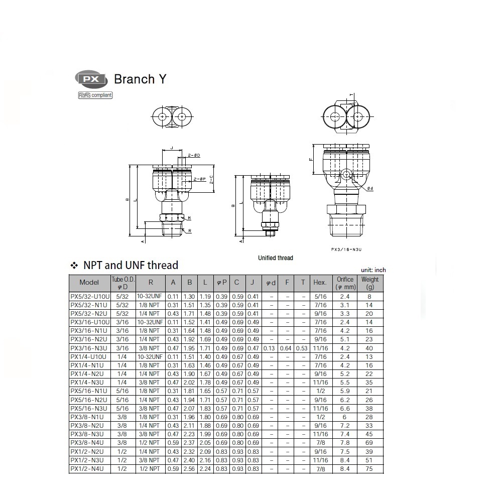 PX1/2-N2U PISCO PLASTIC PUSH-IN FITTING<BR>1/2" TUBE X 1/4" NPT MALE BRANCH "Y"