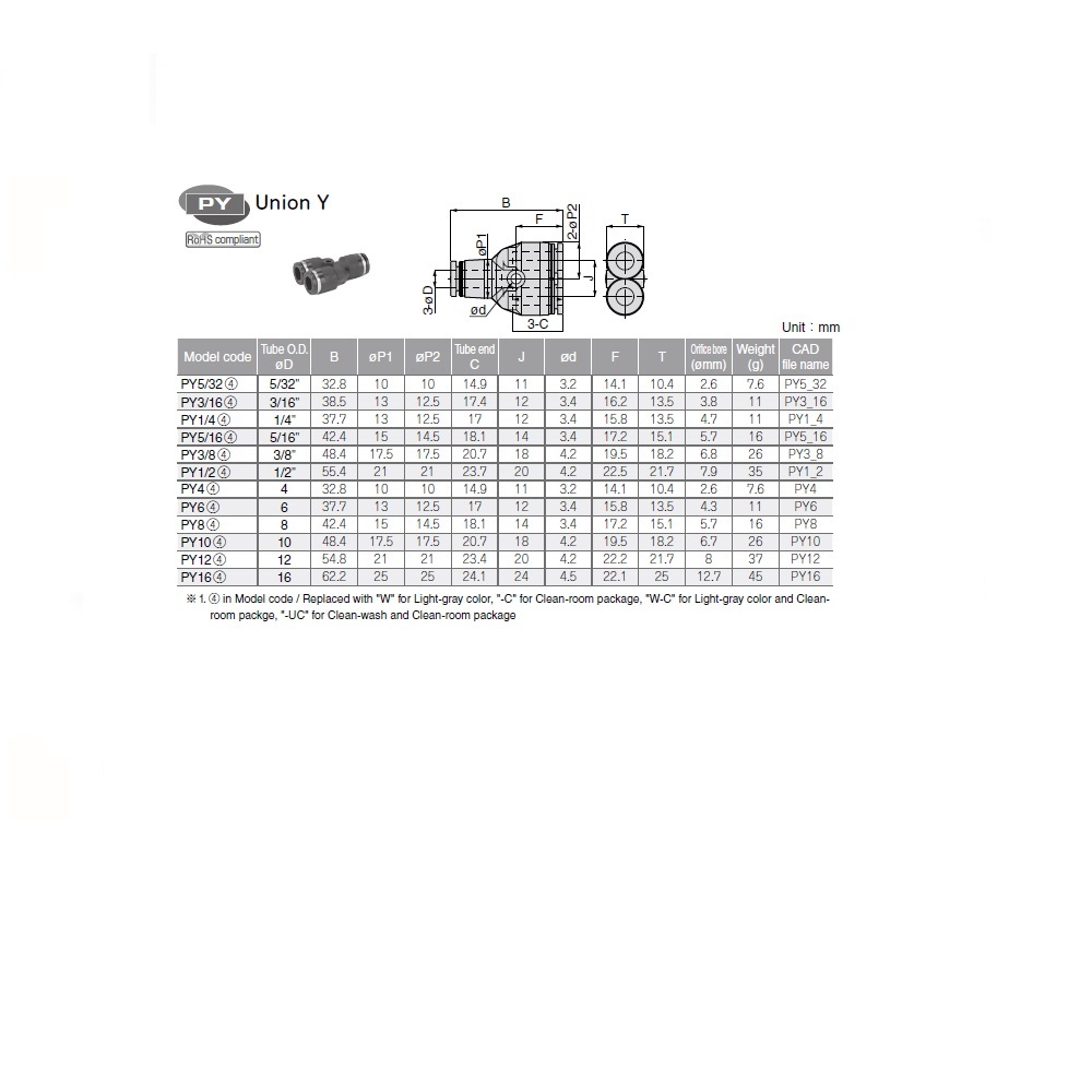 PY6 PISCO PISCO PLASTIC PUSH-IN FITTING<BR>6MM TUBE UNION "Y"