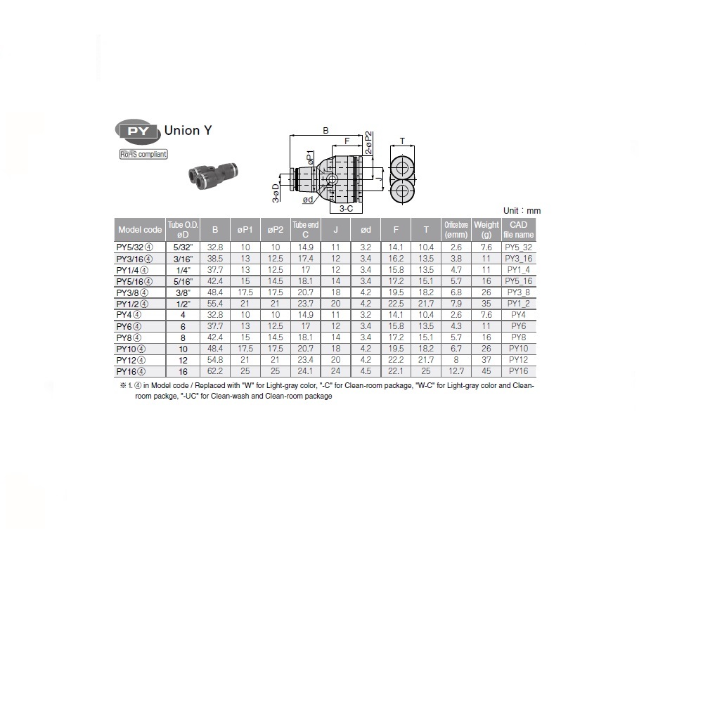 PY1/4 PISCO PLASTIC PUSH-IN FITTING<BR>1/4" TUBE UNION "Y"