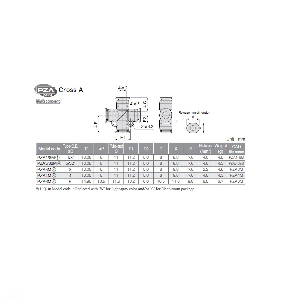 PZA1/8M PISCO MINI PLASTIC PUSH-IN FITTING<BR>1/8" TUBE UNION CROSS