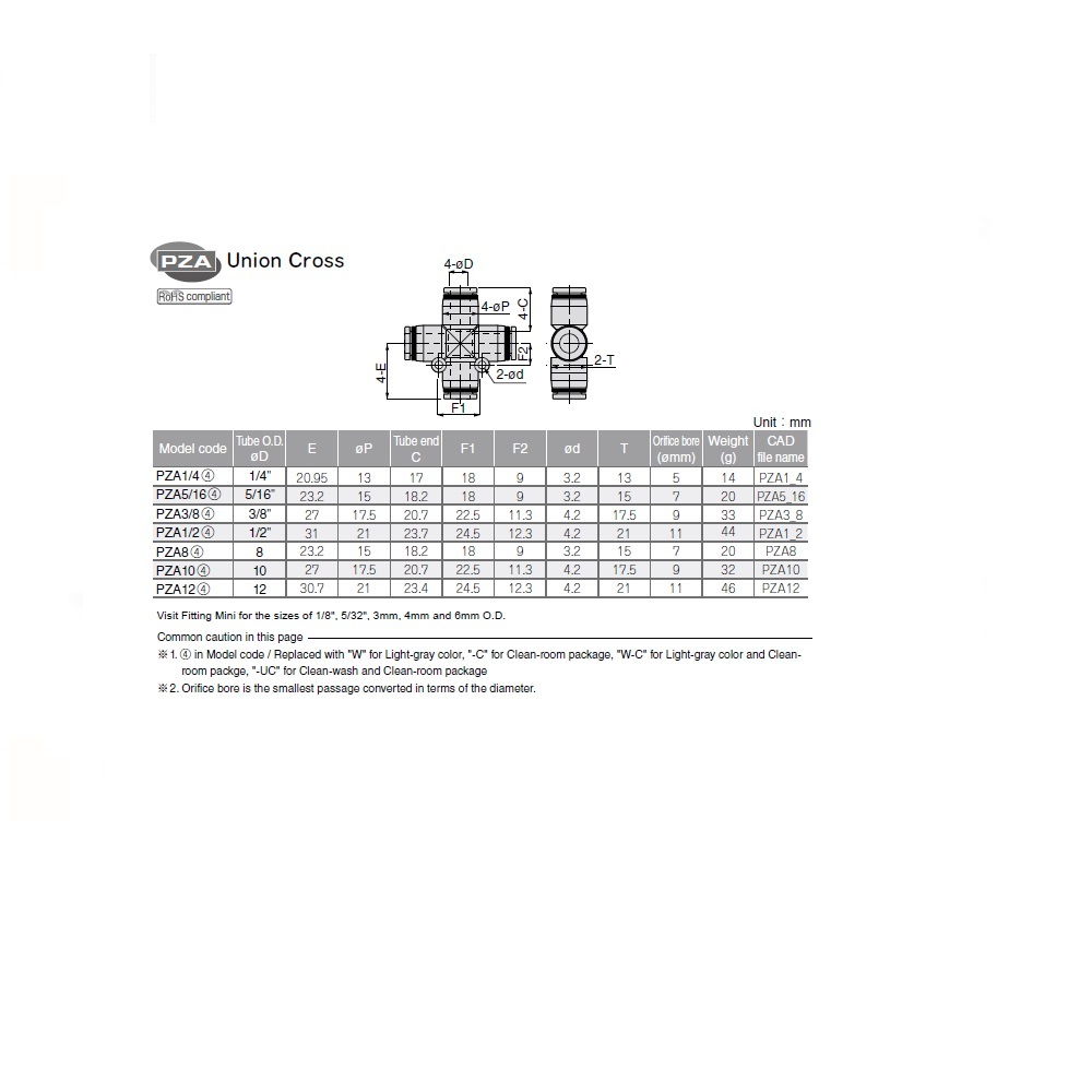 PZA10 PISCO PLASTIC PUSH-IN FITTING<BR>10MM TUBE UNION CROSS