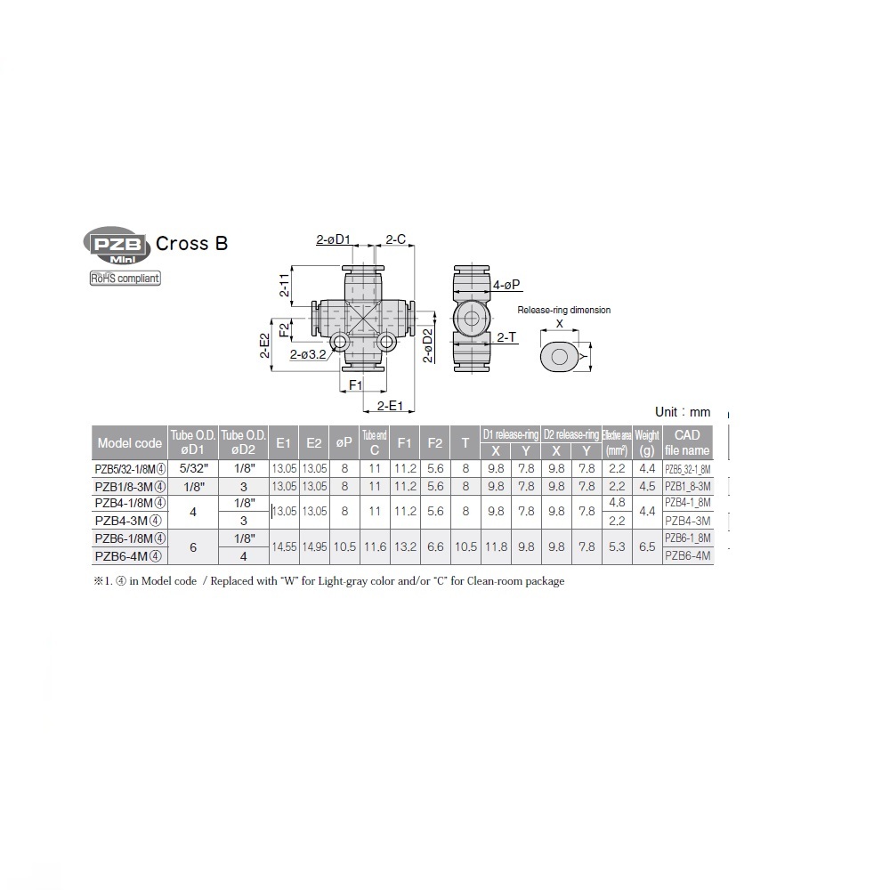 PZB6-4M PISCO MINI PLASTIC PUSH-IN FITTING<BR>6MM TUBE(2) X 4MM TUBE(2) UNION CROSS