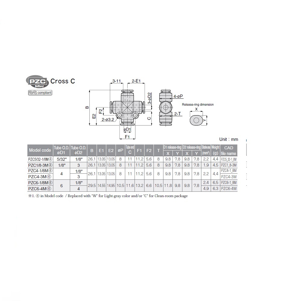 PZC4-1/8M PISCO MINI PLASTIC PUSH-IN FITTING<BR>4MM TUBE X 1/8" TUBE(3) UNION CROSS