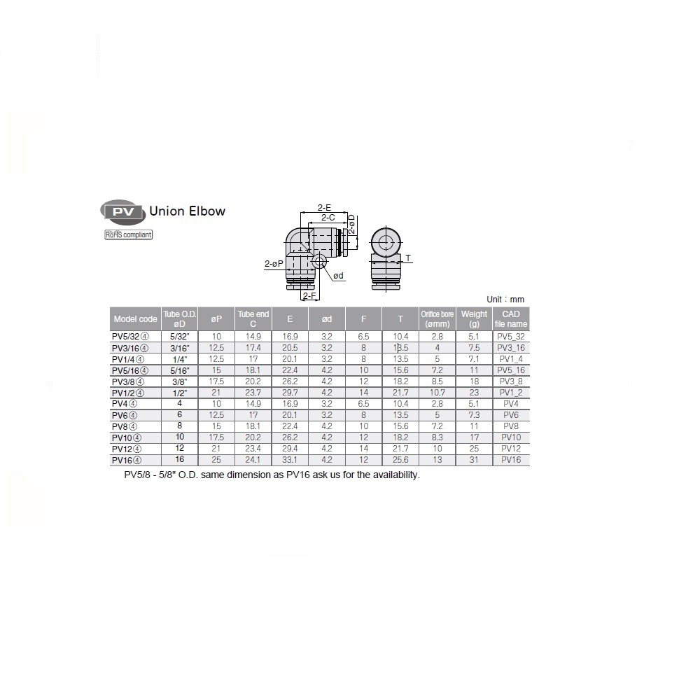 PV4 PISCO PISCO PLASTIC PUSH-IN FITTING<BR>4MM TUBE UNION ELBOW