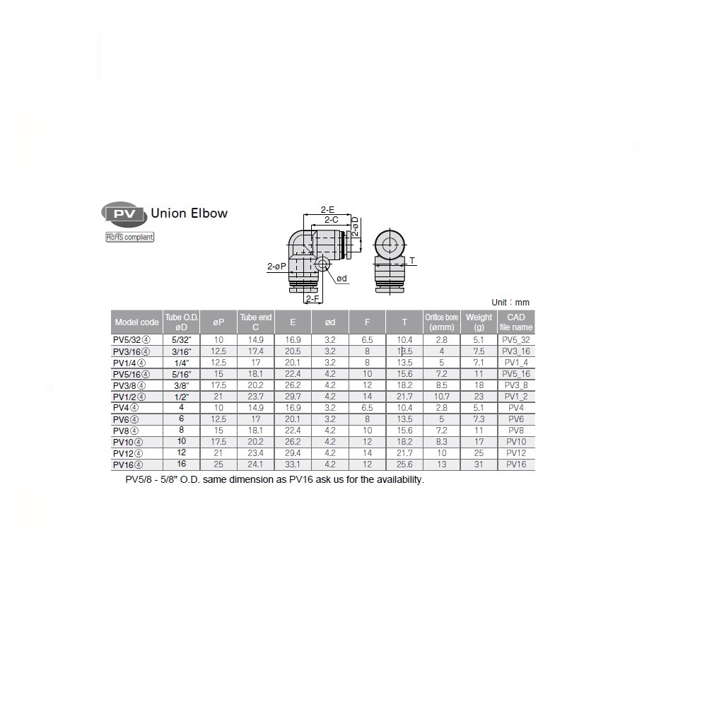 PV3/8 PISCO PLASTIC PUSH-IN FITTING<BR>3/8" TUBE UNION ELBOW