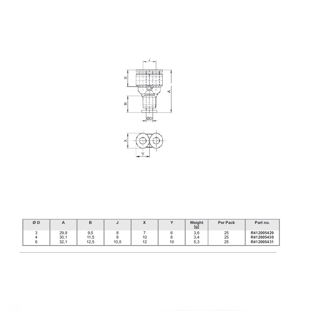 R412005431 NUMATICS/AVENTICS PLASTIC PUSH-IN FITTING<BR>6MM TUBE UNION "Y" (OVAL)