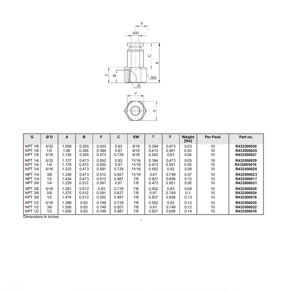 R432000026 NUMATICS/AVENTICS PLASTIC PUSH-IN FITTING<BR>5/16" TUBE X 1/4" NPT FEMALE (OVAL)