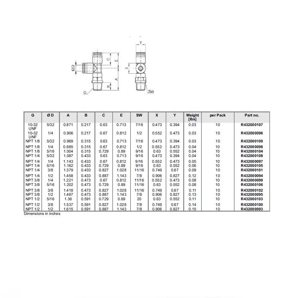 R432000093 NUMATICS/AVENTICS PLASTIC PUSH-IN FITTING<BR>1/2" TUBE X 1/2" NPT MALE RUN TEE (OVAL)