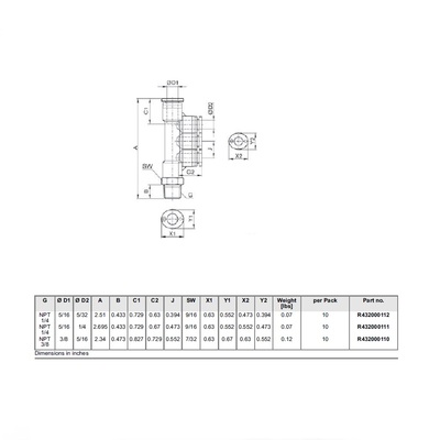 R432000110 NUMATICS/AVENTICS PLASTIC PUSH-IN FITTING<BR>3/8" NPT MALE X 3/8" TUBE X 5/16" TUBE(3) TRIPLE BRANCH TEE (OVAL)