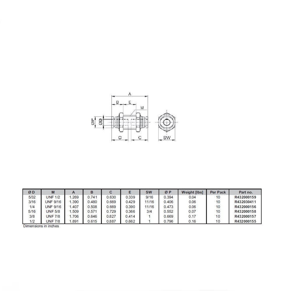 R432000155 NUMATICS/AVENTICS PLASTIC PUSH-IN FITTING<BR>1/2" TUBE UNION BULKHEAD (OVAL)