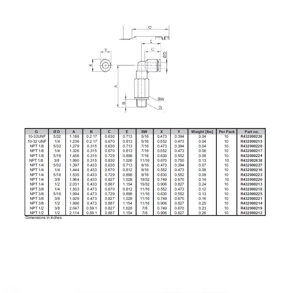 R432000220 NUMATICS/AVENTICS PLASTIC PUSH-IN FITTING<BR>3/8" TUBE X 1/4" NPT MALE EXT ELBOW (OVAL)