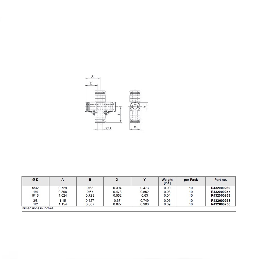 R432000259 NUMATICS/AVENTICS PLASTIC PUSH-IN FITTING<BR>5/16" TUBE UNION CROSS (OVAL)