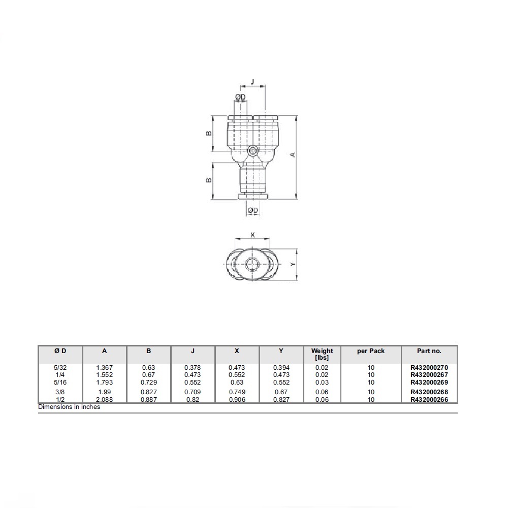 R432000267 NUMATICS/AVENTICS PLASTIC PUSH-IN FITTING<BR>1/4" TUBE UNION "Y" (OVAL)