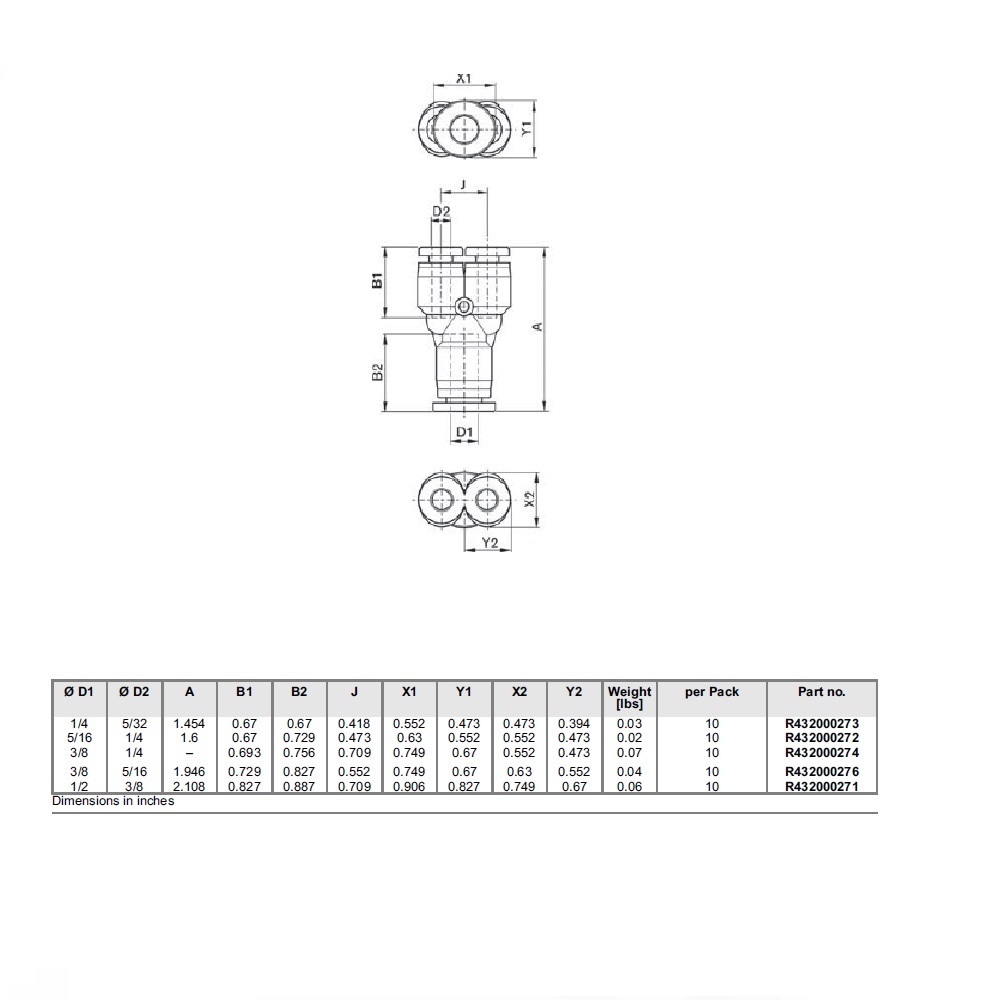 R432000273 NUMATICS/AVENTICS PLASTIC PUSH-IN FITTING<BR>1/4" TUBE X 5/32" TUBE(2) UNION "Y" (OVAL)