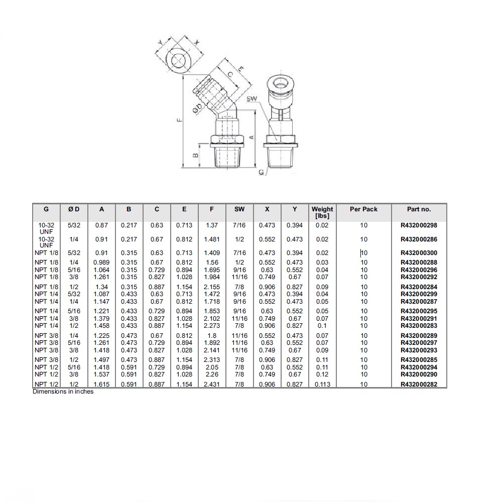 R432000298 NUMATICS/AVENTICS PLASTIC PUSH-IN FITTING<BR>5/32" TUBE X 10/32" UNF MALE ELBOW (OVAL)