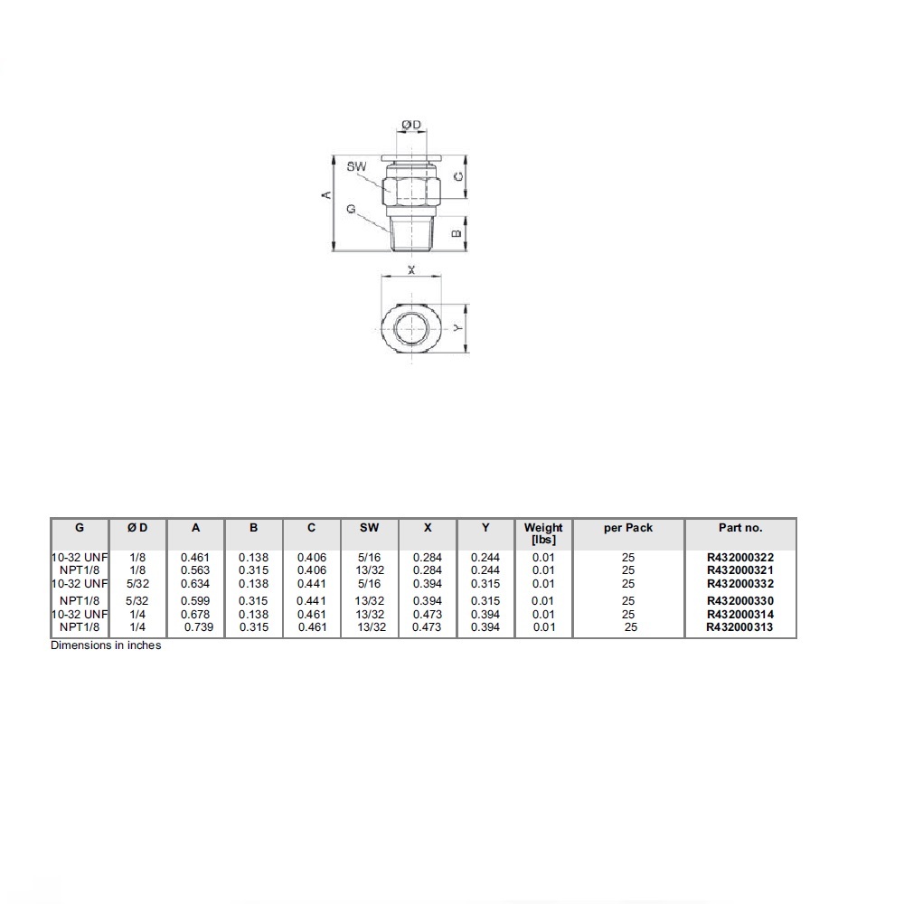 R432000330 NUMATICS/AVENTICS PLASTIC PUSH-IN FITTING<BR>5/32" TUBE X 1/8" NPT MALE (INNER HEX) (OVAL)