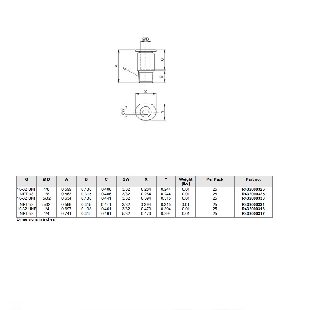 R432000317 NUMATICS/AVENTICS PLASTIC PUSH-IN FITTING<BR>1/4" TUBE X 1/8" UNIV MALE (INNER HEX) (OVAL)