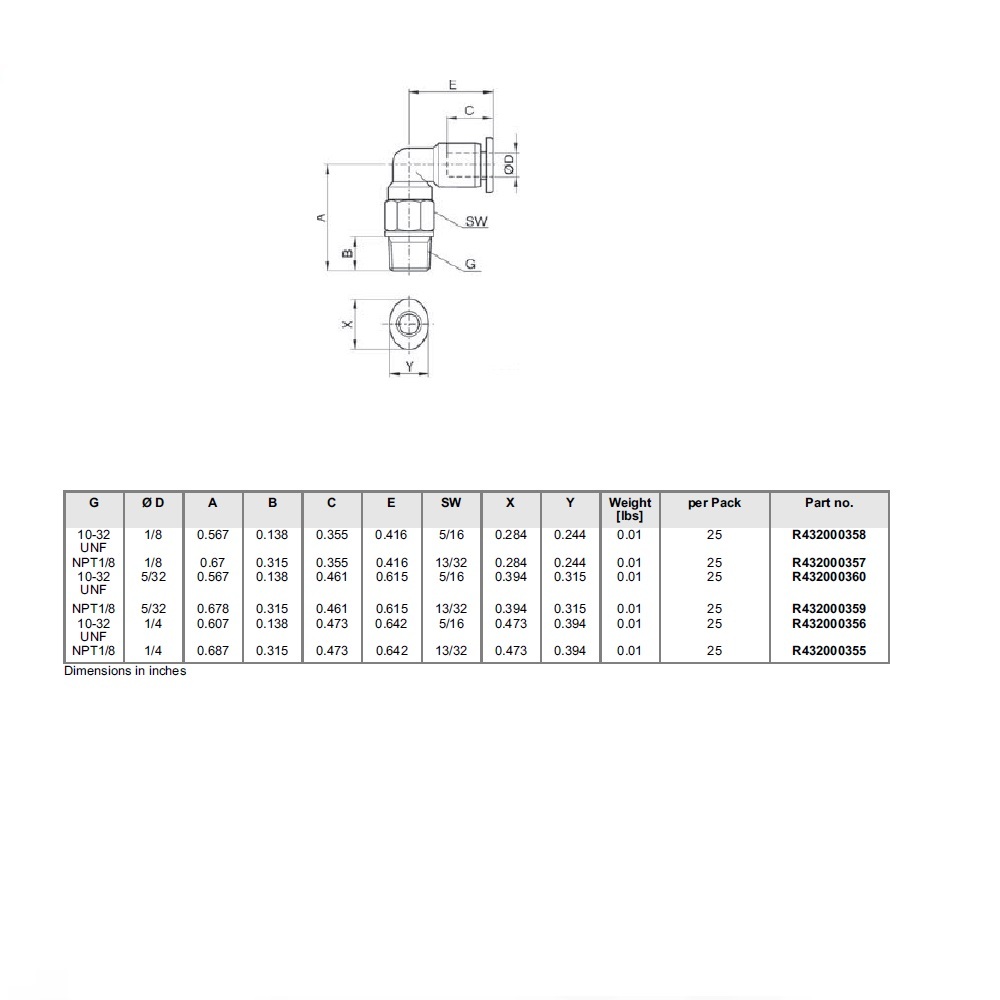 R432000356 NUMATICS/AVENTICS PLASTIC PUSH-IN FITTING<BR>1/4" TUBE X 10/32" UNF MALE ELBOW (OVAL)