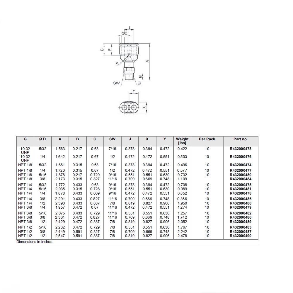 R432000476 NUMATICS/AVENTICS PLASTIC PUSH-IN FITTING<BR>1/4" TUBE X 10/32" UNF MALE BRANCH "Y" (OVAL)