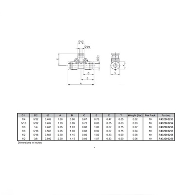 R432003257 NUMATICS/AVENTICS PLASTIC PUSH-IN FITTING<BR>5/16" TUBE X 3/8" TUBE(2) UNION TEE (OVAL)