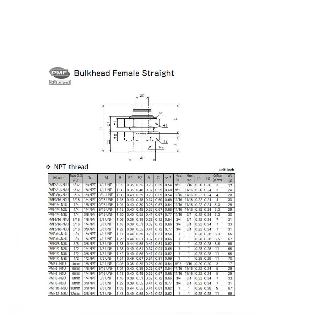 PMF5/16-N1U PISCO PLASTIC PUSH-IN FITTING<BR>5/16" TUBE X 1/8" NPT FEMALE BULKHEAD