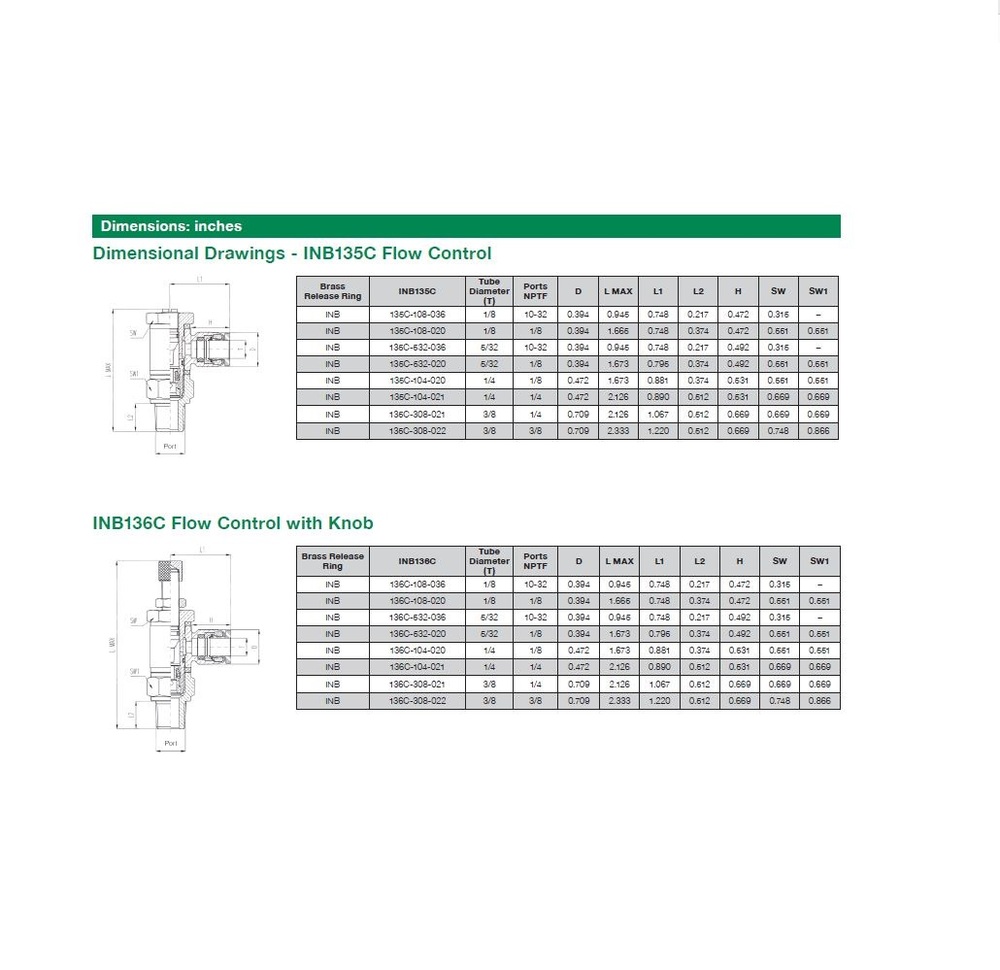 INB135C-532-036 NUMATICS/AVENTICS NP BRASS FLOW CONTROL<BR>5/32" TUBE X 10/32" UNF MALE METER OUT, SCREW ADJ