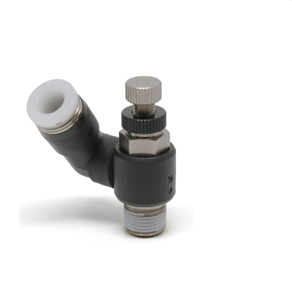 JSS6-01B PISCO PLASTIC FLOW CONTROL<BR>6MM TUBE X 1/8" BSPT MALE 45 DEG METER IN, KNOB ADJ