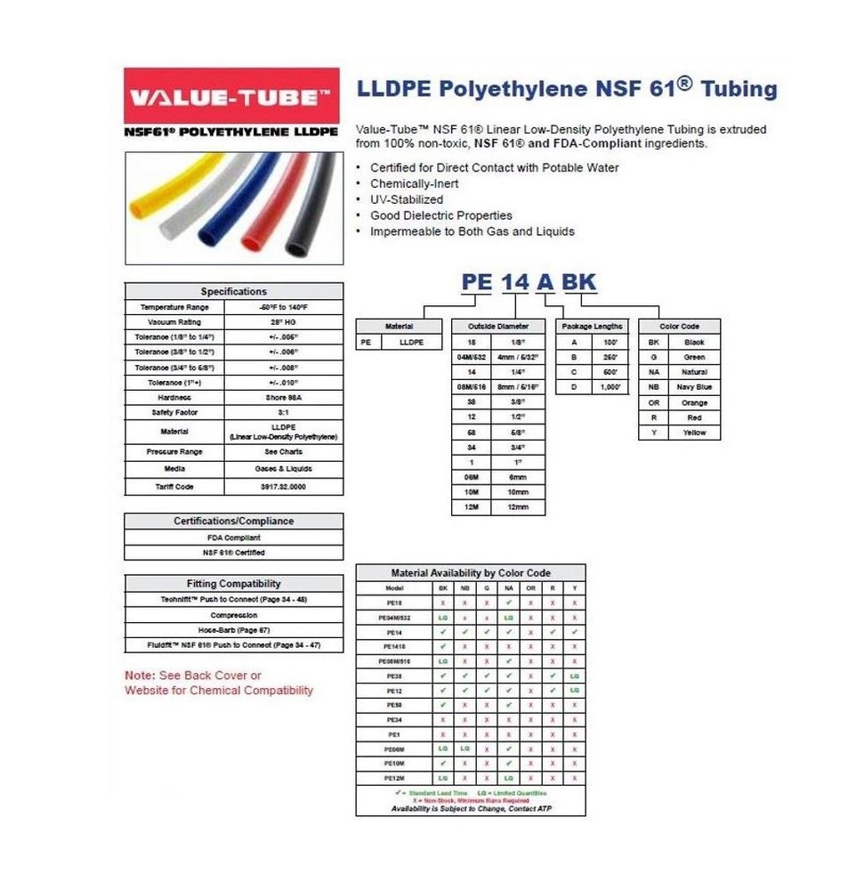 PE08M/516CBK ATP TUBING<BR>PE 8MM X 6MM 500' BLACK