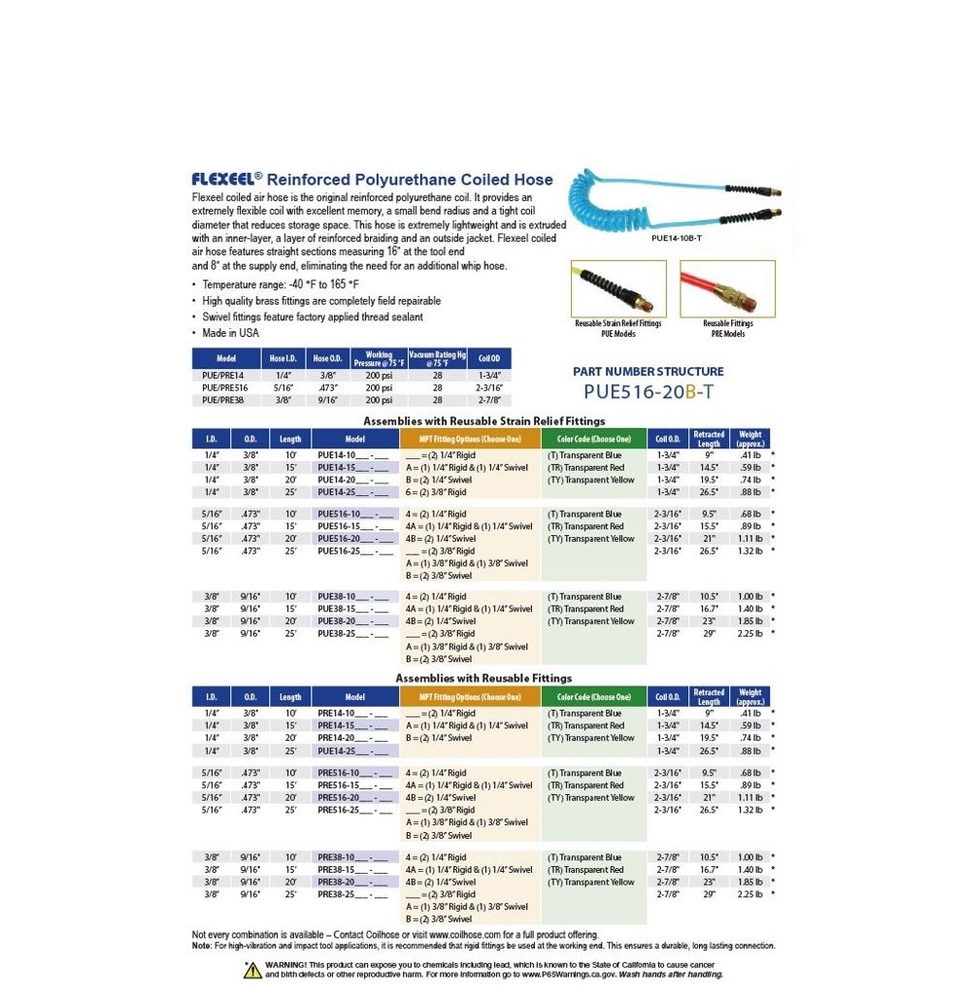 PRE14-25B-T COILHOSE COIL<BR>PU BRAIDED 3/8" X 1/4" CLEAR BLUE W/1/4" NPT MALE SWIVEL