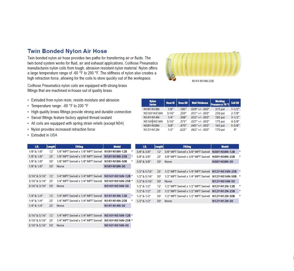 N38Y-N38N-12B COILHOSE COIL<BR>NYLON 2 TUBES 3/8" ID 8' WL YELLOW/NATURAL W/3/8" FITTINGS