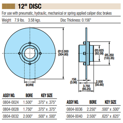 08040032 TOLOMATIC FIXED HUB DISC ASSEMBLY, 12" DISC DIAMETER, 2" BORE, 0.156" THICKNESS