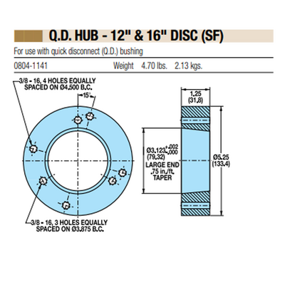 08041141 TOLOMATIC QUICK DISDISCONNECT HUB FOR SF TYPE BUSHING, USED WITH 12" & 16" DISC DIAMETER, 3.12" BORE
