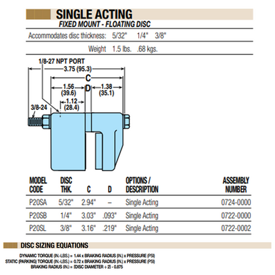 07220000 TOLOMATIC PNEUMATIC CALIPER BRAKE - SINGLE ACTING, FIXED MOUNT - FLOATING DISC, 1/4" THICK (P20SB)