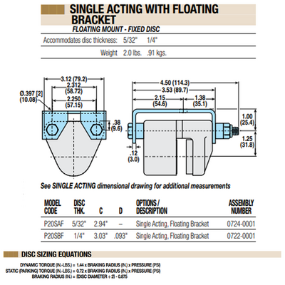07240001 TOLOMATIC PNEUMATIC CALIPER BRAKE, SINGLE ACTING, FLOATING MOUNT - FIXED DISC, 5/32" THICK (P20SAF)