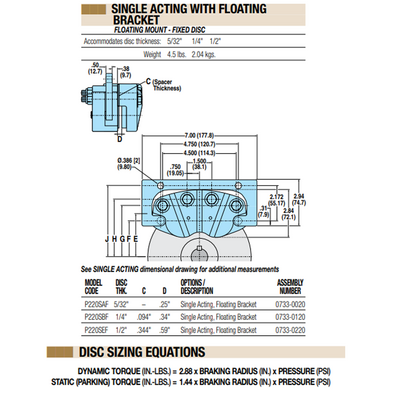 07330220 TOLOMATIC PNEUMATIC CALIPER BRAKE, SINGLE ACTING, FLOATING MOUNT - FIXED DISC, 1/2" THICK (P220SEF)