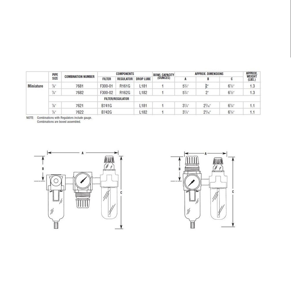 7621 ARROW MINIATURE AIR PREP ASSEMBLY<BR>1/8" NPT 40 MIC