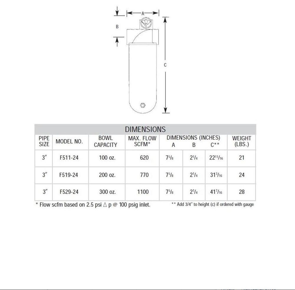 F511-24W ARROW HIGH FLOW COALESCING FILTER<BR>3" NPT, .03MIC, MB W/SG