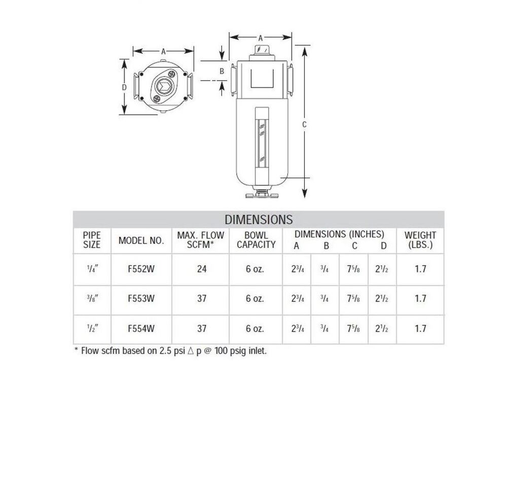 F552 ARROW COALESCING FILTER<BR>1/4" NPT, .03MIC, 250PSI, MB