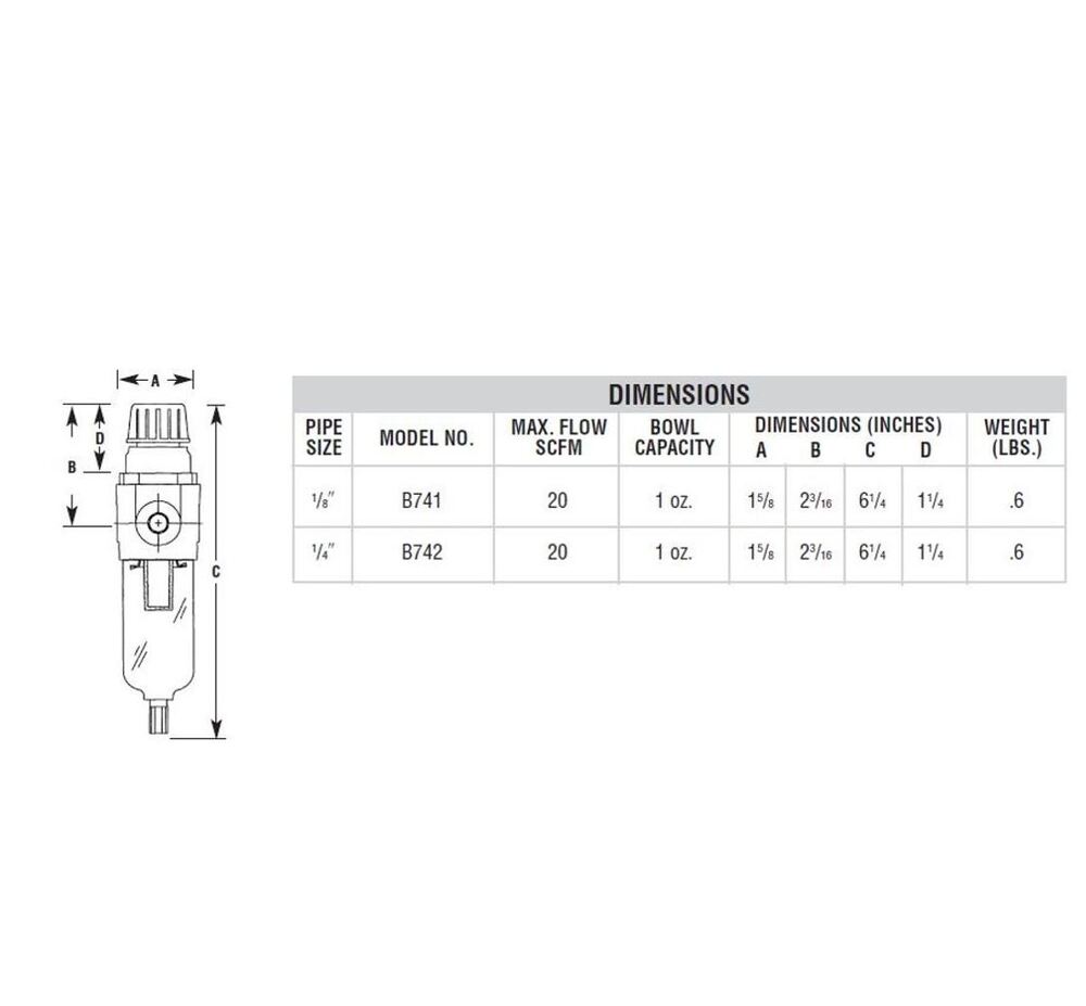 B742L ARROW MINIATURE FILTER/REGULATOR<BR>1/4" NPT, 40MIC 3-60PSI