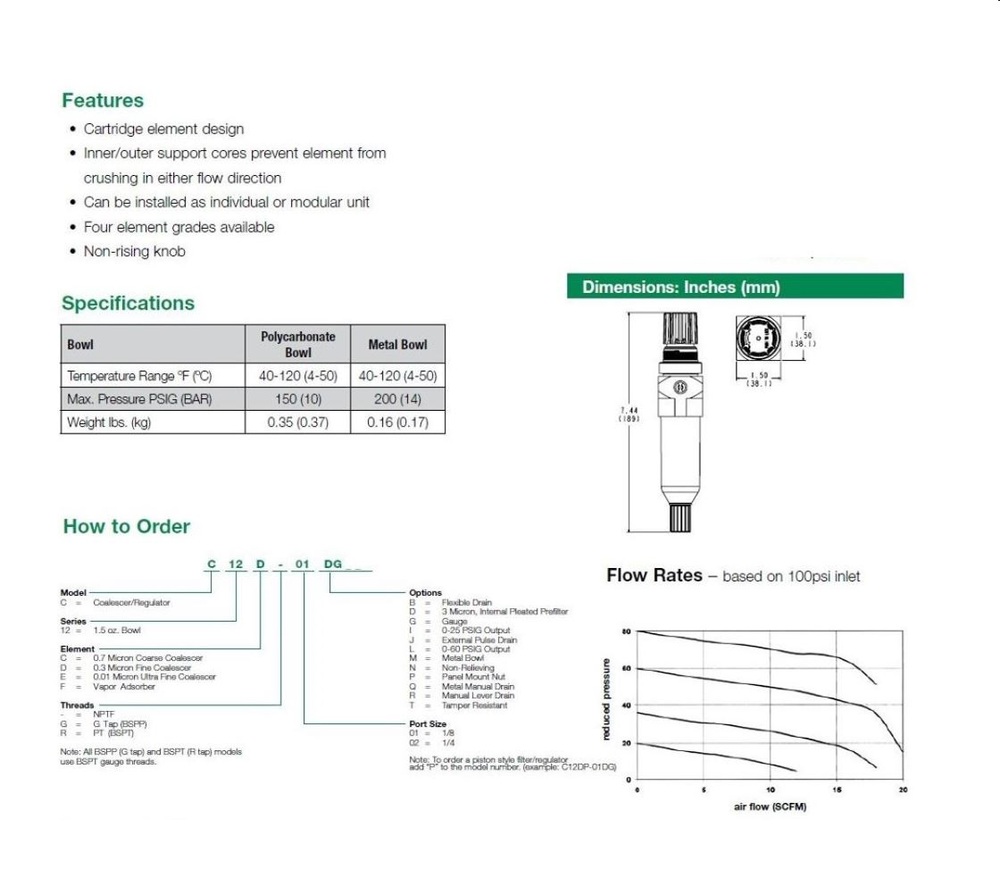 C12E-02GIJM NUMATICS/AVENTICS COALESCING FILTER/REGULATOR<BR>12 SERIES 1/4" NPT, 0.01MIC 0-25PSI, MB W/SG, PD, GAUGE