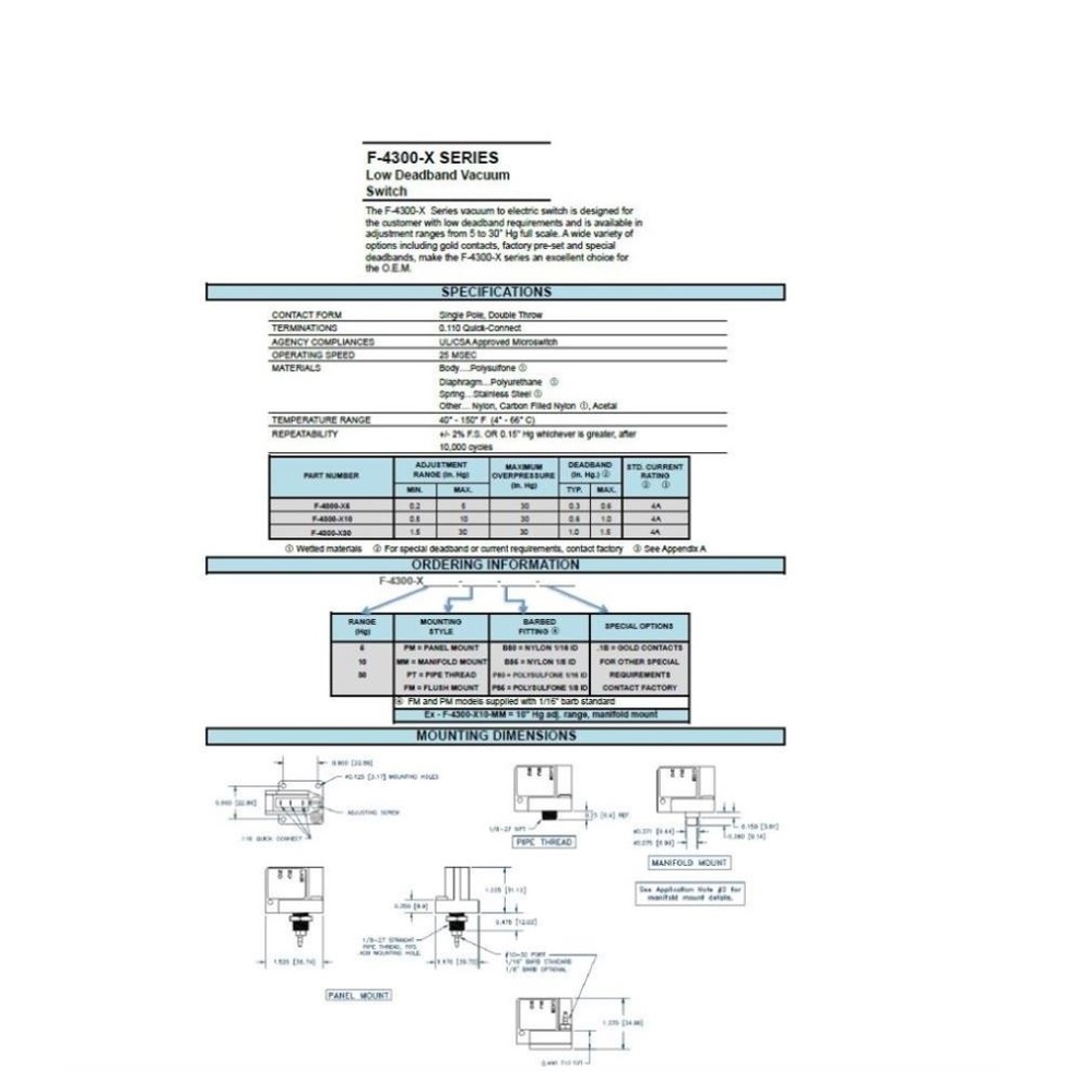 F-4300-X30-FM-B80 AIRTROL PRESSURE SWITCH<BR>1/16" BARB-NYLON 1.5-30 HG FLUSH MOUNT-LOW DEADBAND