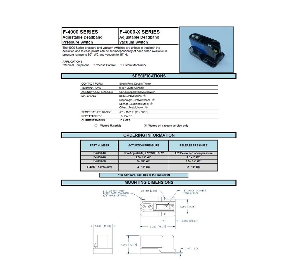 F-4000-30-FM-P85 AIRTROL PRESSURE SWITCH<BR>1/8" BARB .5-30PSI WC FLUSH MOUNT